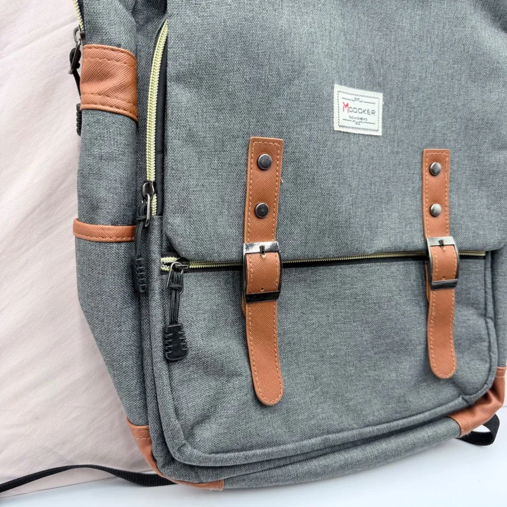 Modoker Vintage Laptop Backpack Grey Brown USB Charging Port Rucksack 15.6 Inch